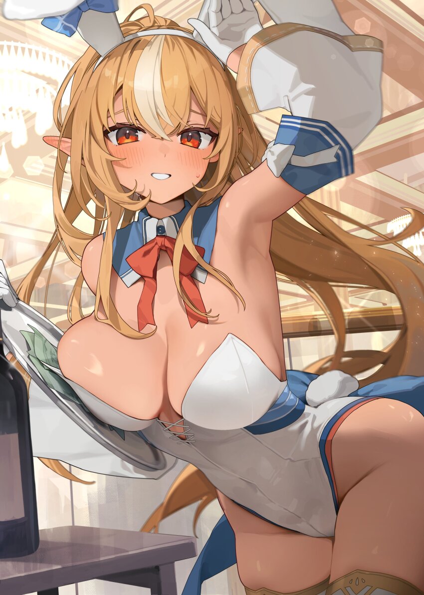 1girl absurdres animal_ears armpits banknote blonde_hair blush bottle breasts cleavage dark-skinned_female dark_skin detached_collar detached_sleeves elf fake_animal_ears gloves hairband highres holding holding_tray hololive large_breasts leotard long_hair looking_at_viewer money multicolored_hair pointy_ears rabbit_ears rabbit_pose red_eyes setokane shiranui_flare smile solo streaked_hair thighhighs thighs tray virtual_youtuber white_gloves white_leotard wine_bottle
