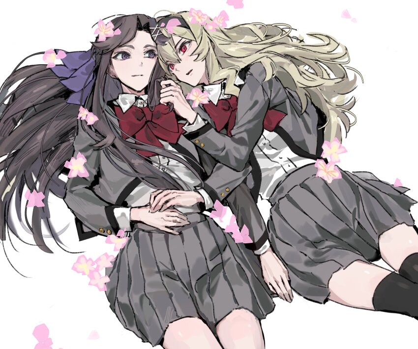 2girls 9urodine :| arm_rest black_hairband black_trim blonde_hair bow bowtie brown_hair buttons cherry_blossoms closed_mouth collared_shirt cowboy_shot criss-cross_ribbon crossed_bangs floating_flowers flower from_above grabbing_another&#039;s_hair grey_jacket grey_skirt hair_between_eyes hair_ribbon hairband hand_up hands_on_own_stomach highres jacket long_hair long_sleeves looking_at_another lying multiple_girls on_back open_clothes open_jacket parted_bangs parted_lips pink_flower pleated_skirt purple_eyes red_bow red_bowtie red_eyes ribbon saijou_claudine school_uniform seishou_music_academy_uniform shirt shirt_tucked_in shoujo_kageki_revue_starlight side-by-side sideways_glance simple_background skirt tendou_maya thighhighs white_background white_ribbon white_shirt yuri zettai_ryouiki