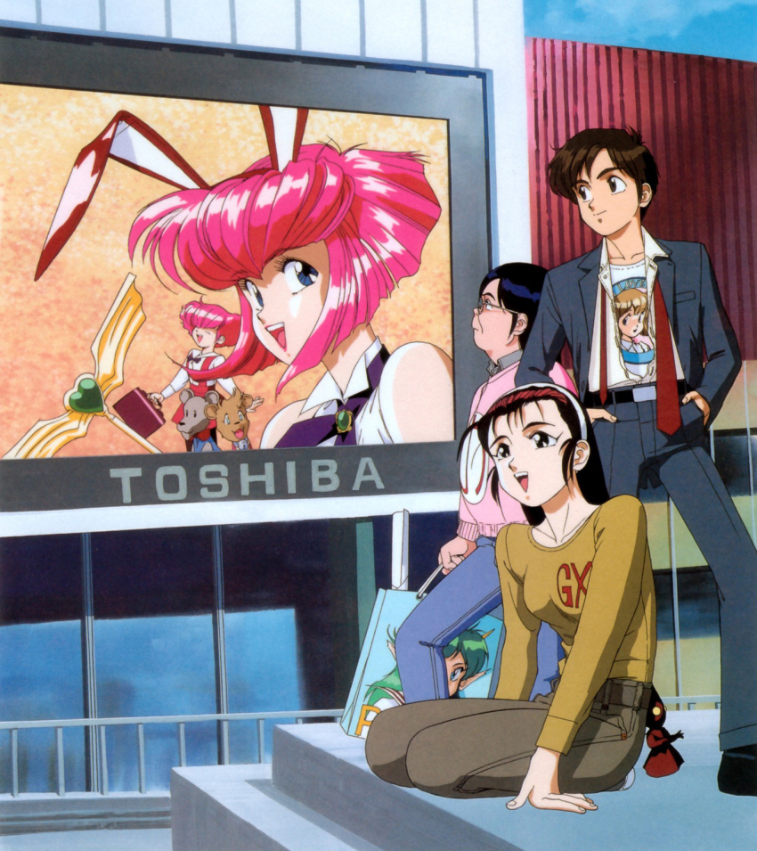 animal_ears belt brown_hair character_request closed_mouth fujihara_misuzu glasses highres kubo_ken long_hair misty_may official_art open_mouth otaku_no_video pink_hair rabbit_ears retro_artstyle short_hair smile sonoda_ken&#039;ichi