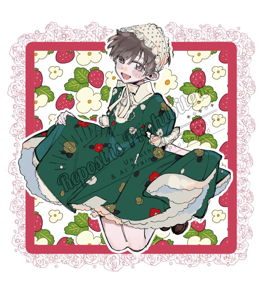 1boy :d absurdres blush border brown_eyes brown_hair brown_shoes crossdressing crossdressing_(mtf) dress floral_print florian_(pokemon) flower food fruit full_body green_dress happy hei_tai_(kyaputen1) highres legs_together male_focus nintendo open_mouth outline pokemon pokemon_sv shoes short_hair short_sleeves smile solo strawberry watermark white_border