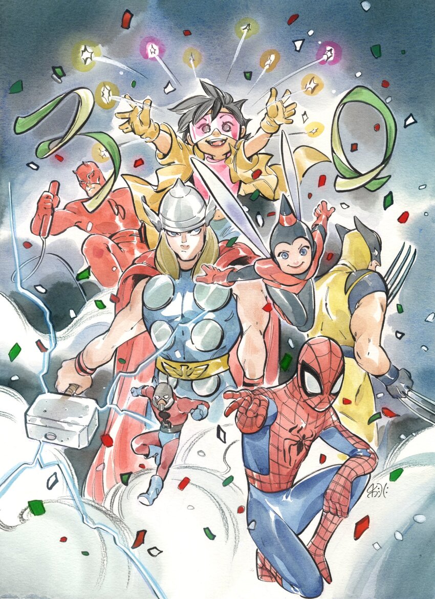 animal_print animification ant-man armor avengers_(series) black_hair blonde_hair blue_eyes bodysuit cape daredevil hammer hank_pym highres insect_wings janet_van_dyne jubilee long_hair long_sleeves marvel mask multiple_boys open_mouth peach_momoko red_bodysuit short_hair spider-man spider-man_(series) spider_print spider_web_print superhero_costume thor_(marvel) two-tone_bodysuit wasp_(marvel) weapon wings wolverine_(x-men) x-men yellow_bodysuit