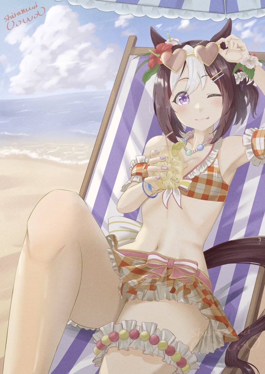 1girl animal_ears arm_garter bare_shoulders beach beach_chair bead_necklace beads bikini bikini_skirt blue_sky blush bracelet breasts brown_hair closed_mouth cloud cup drinking_straw ear_flower eyewear_on_head flower flower_bracelet food frilled_bikini frills fruit hair_flower hair_ornament heart heart-shaped_eyewear hibiscus highres holding holding_cup horse_ears horse_girl horse_tail ice ice_cube jewelry lemon lemon_slice lemonade looking_at_viewer multicolored_hair navel necklace ocean official_alternate_costume one_eye_closed orange_bikini outdoors plaid_bikini plaid_clothes purple_eyes shiranui_(jari_boy) short_hair sitting sky smile special_week_(hopp&#039;n_happy_heart)_(umamusume) special_week_(umamusume) stomach sunglasses swimsuit tail thigh_strap tinted_eyewear tongue tongue_out two-tone_hair umamusume umbrella water white_hair wrist_flower
