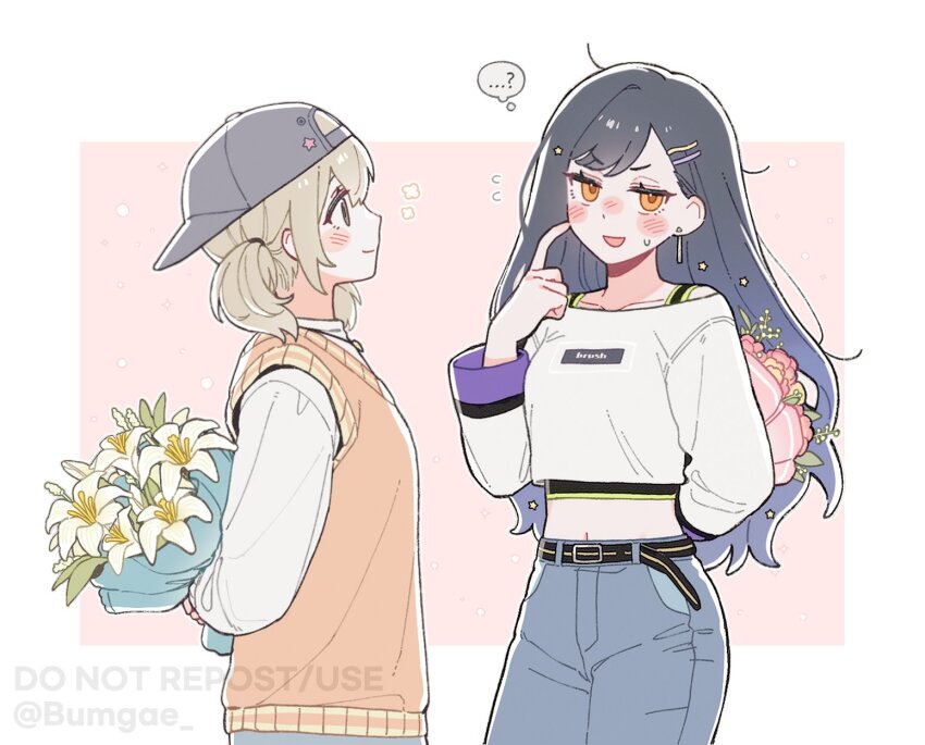 ...? 2girls azusawa_kohane baseball_cap belt black_hair blonde_hair blue_pants blush bouquet brown_eyes closed_mouth commentary crop_top denim earrings flower grey_hat hair_ornament hat highres holding holding_bouquet jeans jewelry lily_(flower) long_hair long_sleeves midriff multiple_girls open_mouth orange_eyes orange_sweater_vest pants pink_background pink_flower project_sekai shiraishi_an shirt short_twintails smile speech_bubble star_(symbol) star_hair_ornament sweatdrop sweater_vest symbol-only_commentary thought_bubble twintails two-tone_background white_background white_flower white_shirt wo_habum yuri