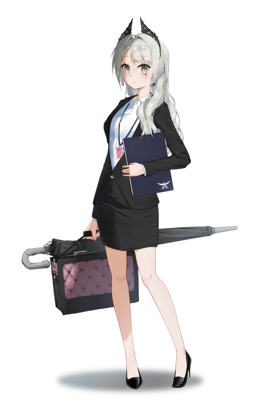 1girl :/ absurdres alternate_costume alternate_hairstyle arknights bare_legs black_feathers black_footwear black_jacket black_skirt briefcase character_name chinese_commentary closed_mouth closed_umbrella collared_shirt commentary_request dress_shirt earrings expressionless feather_hair feathers fingernails folder full_body grey_hair hair_intakes hair_over_shoulder high_heels highres holding holding_briefcase holding_folder iberia_logo id_card irene_(arknights) jacket jewelry kushaaaa4 lanyard legs light_blush long_hair long_sleeves looking_at_viewer miniskirt nail_polish office_lady partial_commentary partially_unbuttoned pencil_skirt pigeon-toed pink_nails red_pupils scar scar_across_eye scar_on_face shadow shirt simple_background skirt solo suit_jacket tachi-e umbrella wavy_hair white_background white_shirt wing_collar zipper zipper_pull_tab