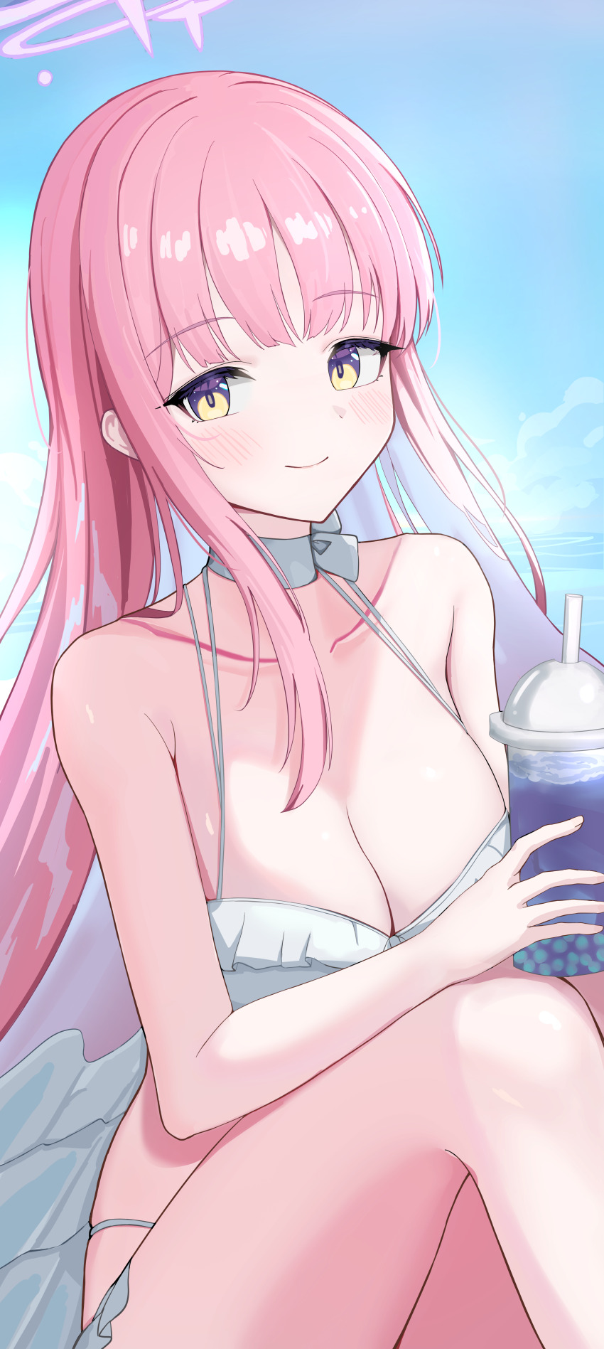 1girl absurdres bare_arms bare_shoulders bikini blue_archive blue_sky blush breasts bubble_tea choker closed_mouth collarbone commentary_request cup disposable_cup drinking_straw fanfanta_152 feathered_wings frilled_bikini frills halo highres holding holding_cup large_breasts looking_at_viewer low_wings mika_(blue_archive) mika_(swimsuit)_(blue_archive) official_alternate_costume official_alternate_hairstyle pink_hair pink_halo purple_eyes sky smile solo swimsuit white_bikini white_choker white_wings wings