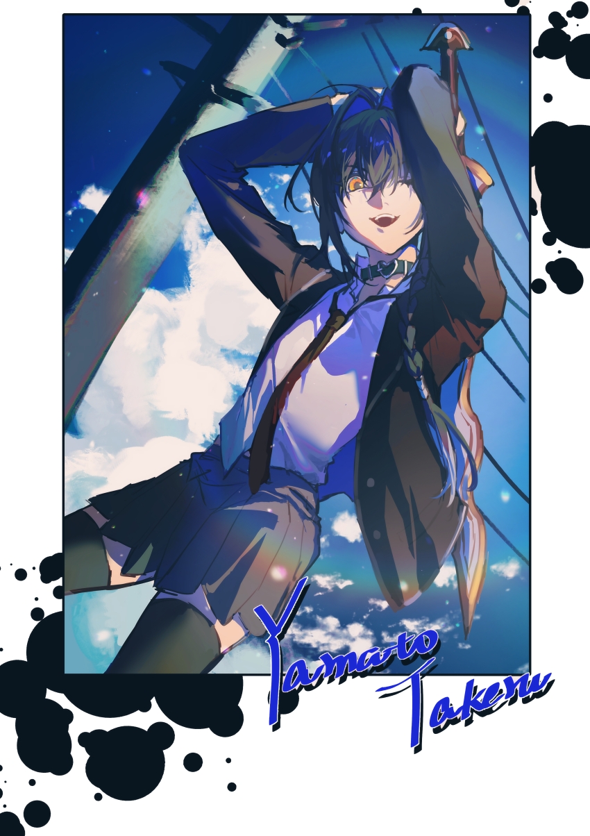 1other absurdres ahoge aizendai amenomurakumo-no-tsurugi_(fate) androgynous black_hair black_jacket black_thighhighs blue_sky border character_name cloud collared_shirt contemporary day fate/grand_order fate/samurai_remnant fate_(series) hair_intakes highres holding holding_sword holding_weapon jacket long_hair looking_at_viewer one_eye_closed open_mouth orange_eyes other_focus school_uniform shirt sidelocks skirt sky smile solo sword thighhighs utility_pole weapon white_shirt yamato_takeru_(fate)