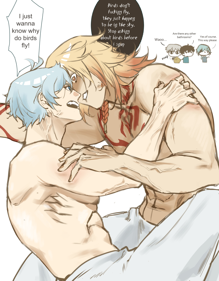 2boys abs absurdres after_bathing anaxa_(honkai:_star_rail) anger_vein angry arguing blonde_hair blue_eyes blue_hair chest_tattoo chibi confrontation dan_heng_(honkai:_star_rail) highres honkai:_star_rail honkai_(series) male_focus mature_male multiple_boys muscular muscular_male mydei_(honkai:_star_rail) orange_eyes phainon_(honkai:_star_rail) red_tattoo tattoo topless_male towel towel_around_waist