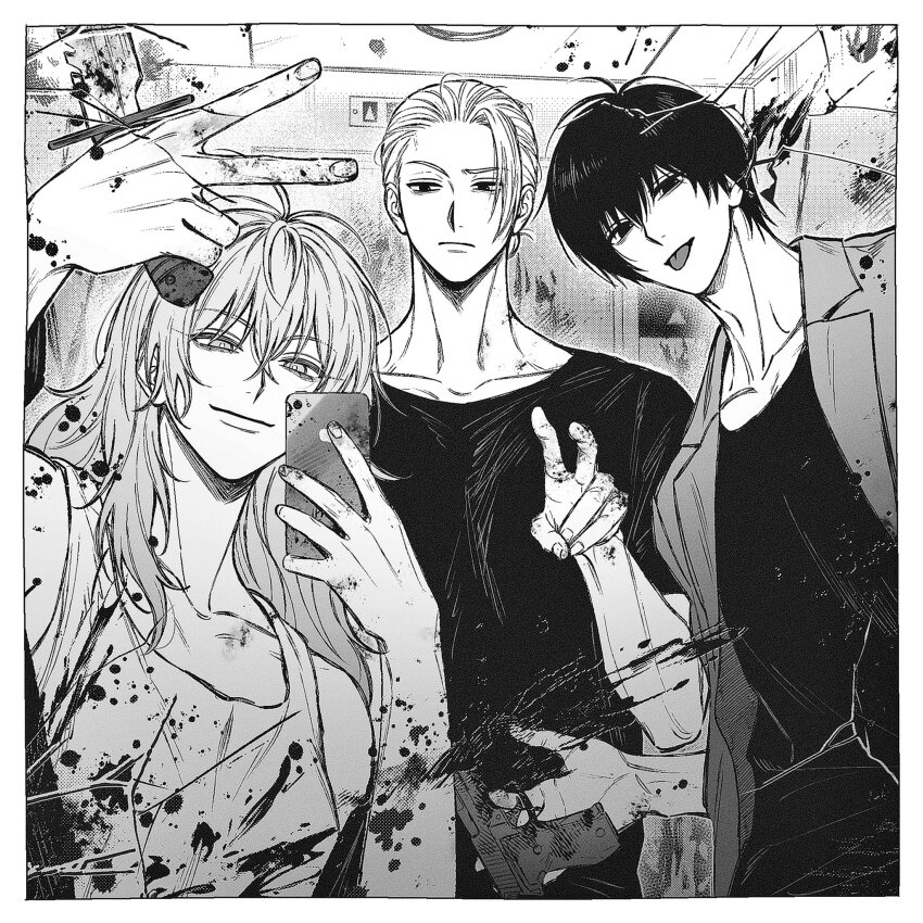 1girl 2boys adam&#039;s_apple akao_rion antenna_hair bare_shoulders blood blood_on_hands blood_splatter ceiling closed_mouth collarbone combat_knife crack cracked_glass elevator expressionless fingernails forehead greyscale gun hair_slicked_back half-closed_eyes hand_up hands_up height_difference highres holding holding_gun holding_knife holding_phone holding_weapon jacket knife kuroiisana leaning_to_the_side light_frown long_hair looking_at_another looking_at_viewer monochrome multiple_boys nagumo_(sakamoto_days) open_clothes open_jacket phone raised_eyebrow sakamoto_days sakamoto_taro selfie shirt short_hair short_sleeves smile straight_hair tank_top tongue tongue_out upper_body v wavy_hair weapon