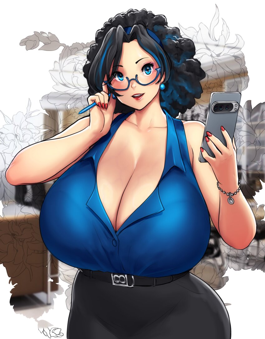 1girl absurdres black_hair blue-framed_eyewear blue_eyes blue_hair blue_shirt borrowed_character bra_visible_through_clothes bracelet breasts cellphone cleavage collared_shirt earrings erkaz hands_up highres holding holding_phone huge_breasts jewelry multicolored_hair nanami_(pulsinfufu) office_lady original parted_lips phone red_nails semi-rimless_eyewear shirt sleeveless sleeveless_shirt smartphone smile solo streaked_hair under-rim_eyewear upper_body veins veiny_breasts