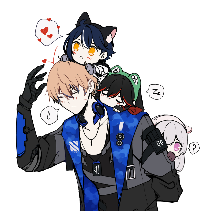 ? absurdres animal_ears carrying cat_ears chibi commandant_(pgr) dochikun hairband heart highres image_sample lee:_entropy_(pgr) lee_(pgr) liv:_eclipse_(pgr) liv_(pgr) lucia:_lotus_(pgr) lucia_(pgr) piggyback pixiv_sample punishing:_gray_raven sleeping speech_bubble white_background zzz