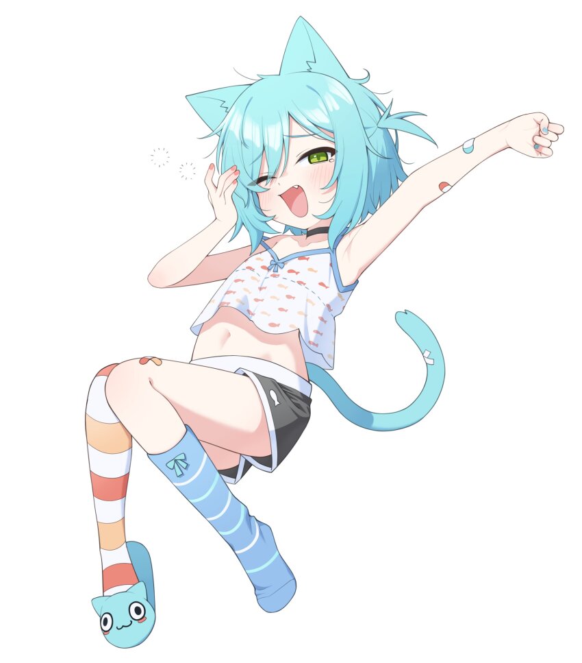 1girl absurdres animal_ears aqua_hair aqua_nails aqua_tail bandaid bandaid_on_arm black_choker black_shorts blue_socks bow_legwear cat_ears cat_girl cat_tail choker fang green_eyes highres horizontal-striped_socks krumroll krumroll_(artist) light_blush midriff navel one_eye_closed open_mouth original pink_nails shirt short_hair shorts simple_background single_slipper slippers socks solo stretching tail virtual_youtuber white_background white_shirt yawning