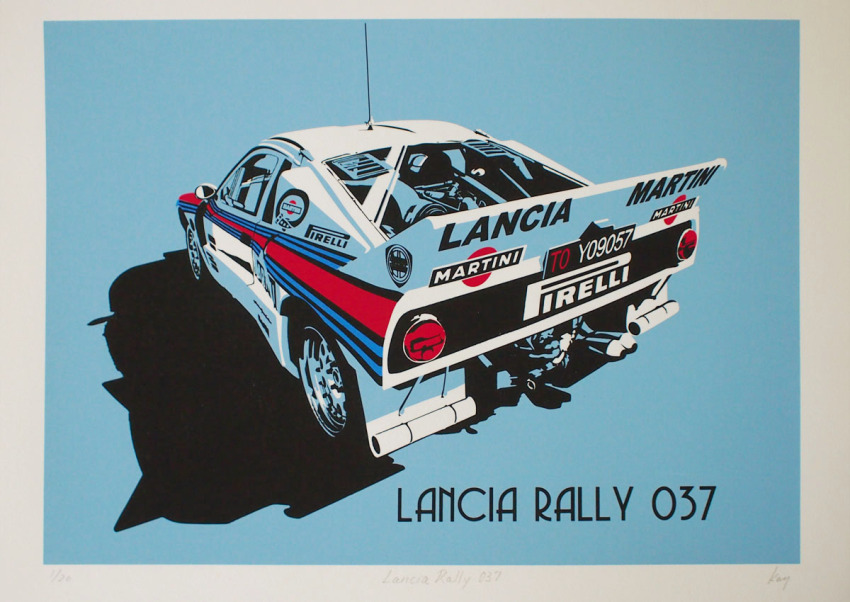 blue_background border car engine grey_border lancia_(brand) lancia_037 martini_(brand) motor_vehicle pirelli print_(medium) race_vehicle racecar radio_antenna rally_car shadow sponsor suganuma_naoki vehicle_focus world_rally_championship