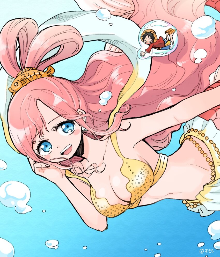&gt;_&lt; 1boy 1girl bikini blue_eyes blue_shorts bubble closed_eyes fish_hair_ornament hair_ornament hat highres long_hair mermaid monkey_d._luffy monster_girl one_piece pink_eyes pink_hair red_shirt sandals sash shirahoshi shirt shorts smile straw_hat sumomo_(momoringo56) swept_bangs swimsuit teeth underwater upper_teeth_only yellow_bikini yellow_sash