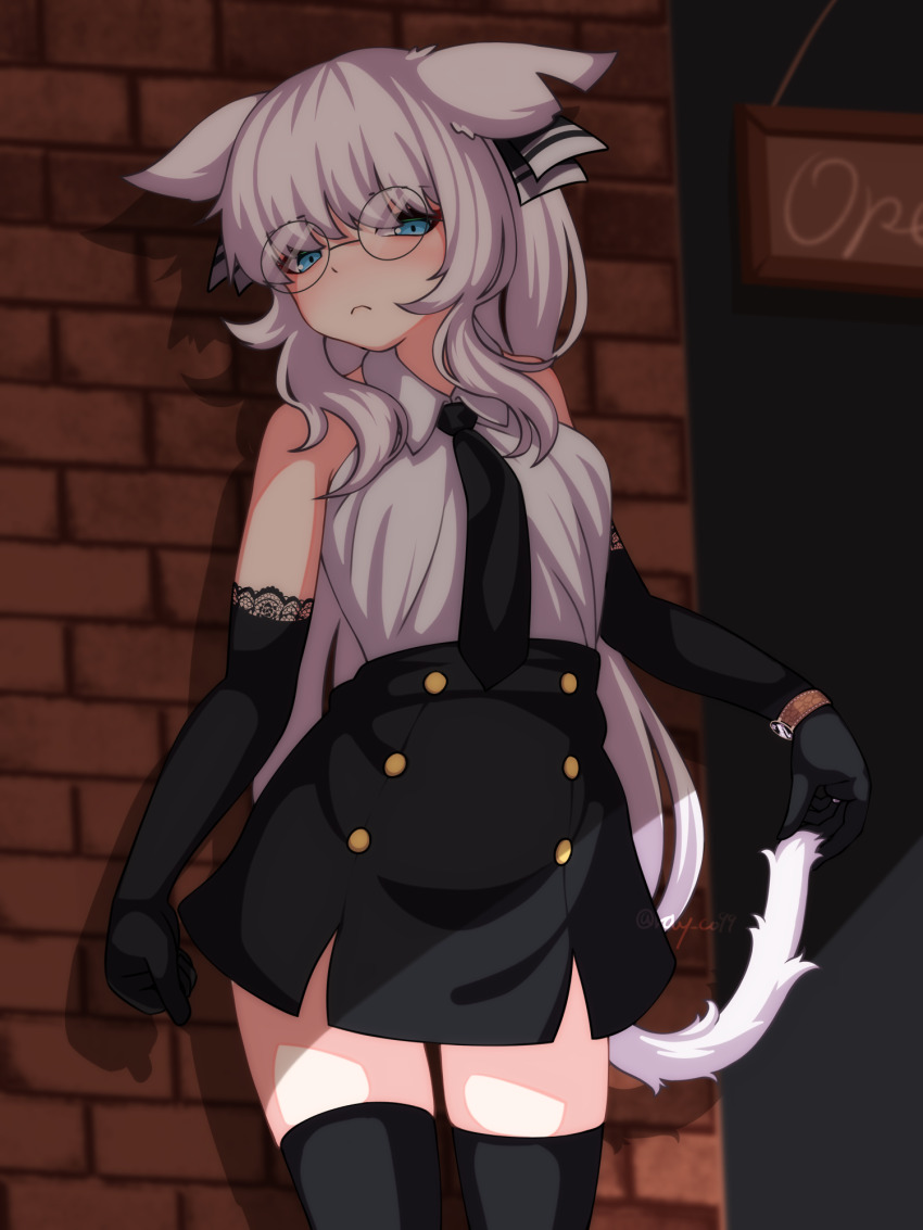 1girl animal_ears bare_shoulders black_gloves black_necktie black_skirt black_thighhighs blue_eyes bow brave_sword_x_blaze_soul closed_mouth collared_shirt commentary_request cropped_legs dress_shirt elbow_gloves gloves hair_bow hair_over_shoulder high-waist_skirt highres holding_own_tail long_hair looking_at_viewer necktie outdoors ray_co99 round_eyewear shirt signature skirt sleeveless sleeveless_shirt solo striped_bow tail thighhighs watch white_hair white_shirt wing_collar wristwatch zettai_ryouiki