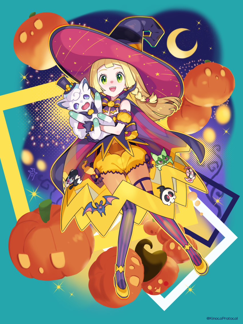 1girl alolan_form alolan_vulpix alternate_costume blonde_hair duskull floragato gen_1_pokemon gen_3_pokemon gen_5_pokemon gen_7_pokemon gen_8_pokemon gothorita green_eyes hat highres impidimp kinocopro lillie_(pokemon) nintendo pokemon pokemon_(anime) pokemon_sm_(anime) shoes witch witch_hat yellow_shoes zubat