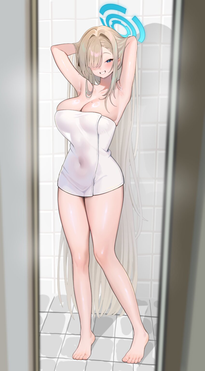 absurdres armpits asuna_(blue_archive) bathroom blonde_hair blue_archive blue_eyes blush breasts cleavage covered_navel full_body hair_over_one_eye halo hands_in_hair hashtag-only_commentary highres hyurumari indoors large_breasts naked_towel narrowed_eyes shiny_skin towel wet_towel