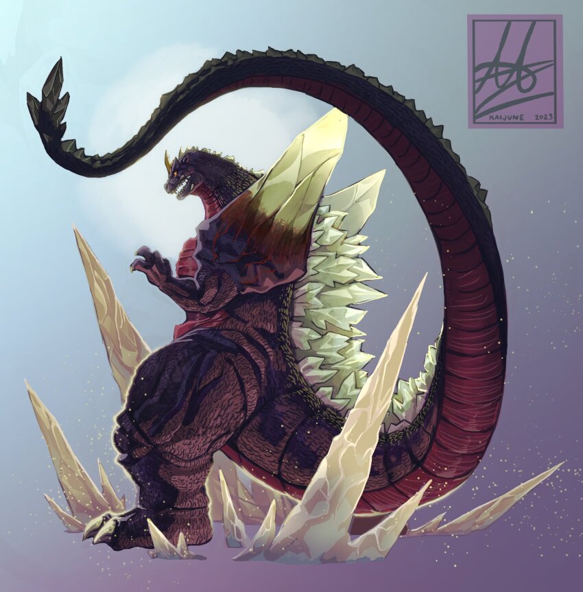 alex_alcanter alien claws crest crystal dinosaur embers full_body giant giant_monster godzilla_(series) godzilla_vs._spacegodzilla highres horns kaiju monster no_humans open_mouth sharp_teeth shoulder_spikes simple_background single_horn space_monster spacegodzilla spiked_tail spikes tail teeth toho tusks