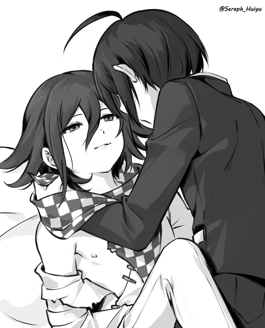 2boys ahoge artist_name checkered_neckerchief closed_mouth danganronpa_(series) danganronpa_v3:_killing_harmony ewa_(seraphhuiyu) flipped_hair grey_background greyscale hair_between_eyes highres jacket long_sleeves looking_at_another male_focus monochrome multiple_boys neckerchief oma_kokichi pants saihara_shuichi short_hair yaoi