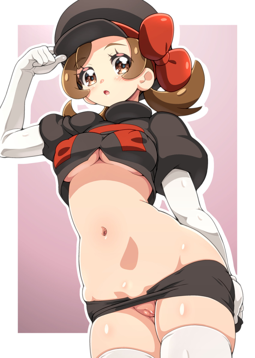 1girl adjusting_clothes adjusting_headwear black_headwear black_skirt blush border breasts brown_eyes brown_hair cleft_of_venus cosplay covered_erect_nipples cowboy_shot crop_top elbow_gloves from_below gloves gradient_background highres kohsaka_jun low_twintails lyra_(pokemon) matching_hair/eyes medium_breasts microskirt midriff miniskirt navel nintendo no_bra no_panties open_mouth outline pokemon pokemon_hgss purple_background pussy shiny_skin skirt solo standing team_rocket team_rocket_grunt_(cosplay) team_rocket_uniform thighhighs twintails uncensored underboob white_border white_gloves white_outline white_thighhighs