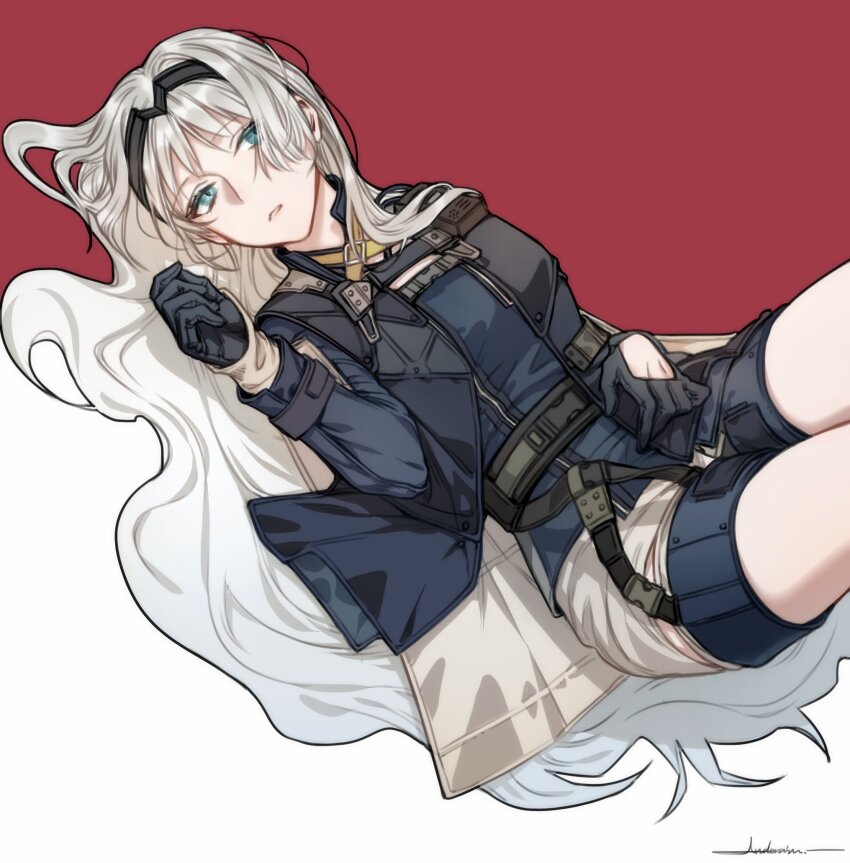 1girl an-94_(girls&#039;_frontline) anderain aqua_eyes black_gloves blonde_hair girls&#039;_frontline gloves hairband highres long_hair long_sleeves lying on_back solo tactical_clothes two-tone_background very_long_hair