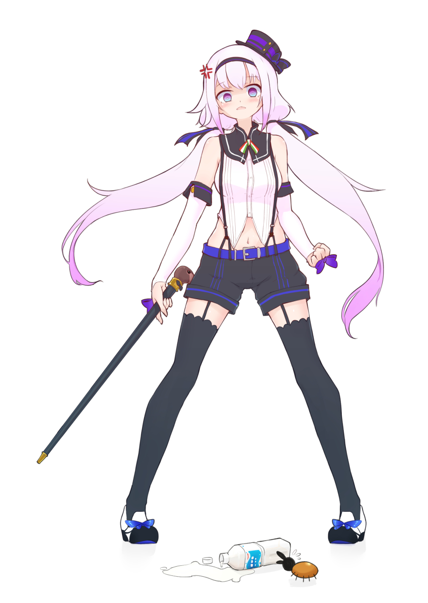 .live 1girl absurdres anger_vein belt breasts calpis cane_sword carro_pino clenched_hand concealed_weapon detached_sleeves full_body hair_ornament headband highres navel open_mouth purple_eyes purple_hair shorts small_breasts solo spilled_milk sword_cane thighhighs virtual_youtuber voizerick