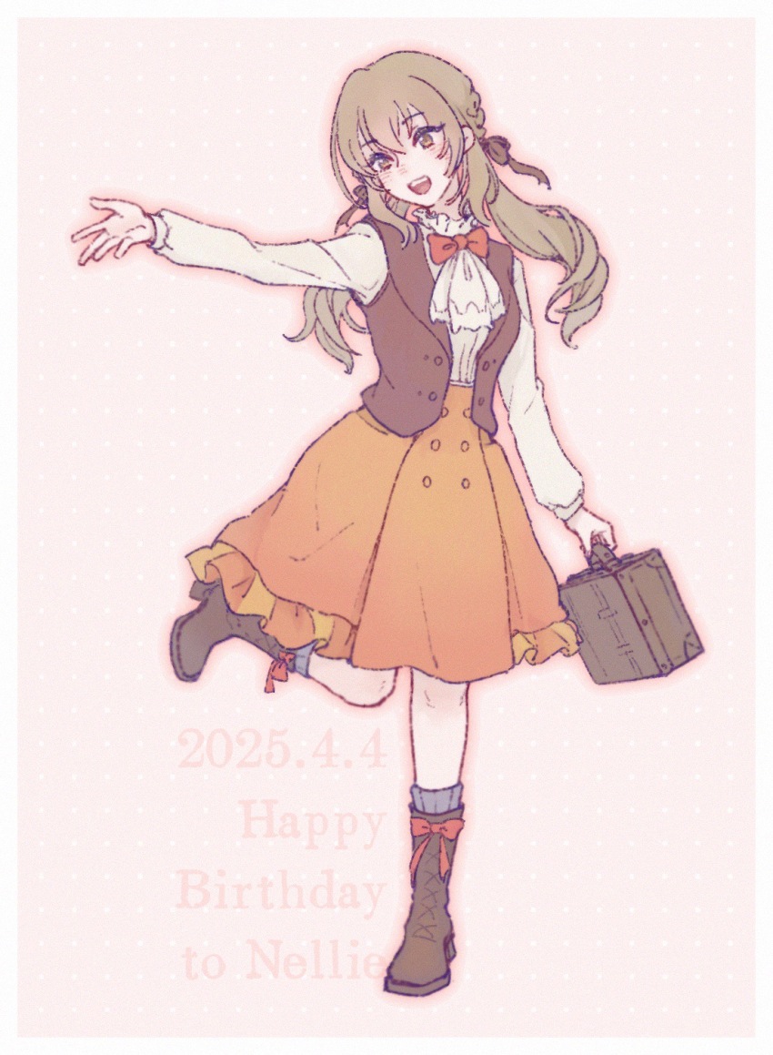 1girl :d ascot bag birthday boots border bow bowtie brown_boots brown_eyes brown_hair brown_vest character_name dated fata_morgana_no_yakata grapeoolongteaaa grey_socks happy_birthday highres holding holding_bag leg_up long_hair looking_ahead low_twintails nellie_rhodes open_mouth orange_background orange_skirt outstretched_arm red_bow red_bowtie school_bag shirt skirt smile socks solo teeth twintails upper_teeth_only vest white_ascot white_border white_shirt