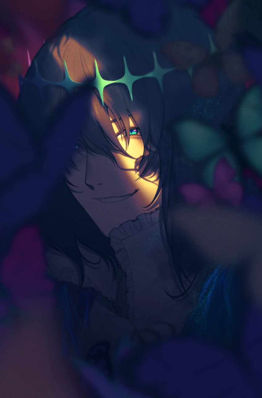 1boy black_hair blue_eyes blurry blurry_foreground bug butterfly commentary crack_of_light diamond_hairband fate/grand_order fate_(series) grin hair_between_eyes highres insect looking_at_viewer male_focus mizuna237 oberon_(fate) oberon_(third_ascension)_(fate) portrait shirt short_hair smile solo symbol-only_commentary white_shirt