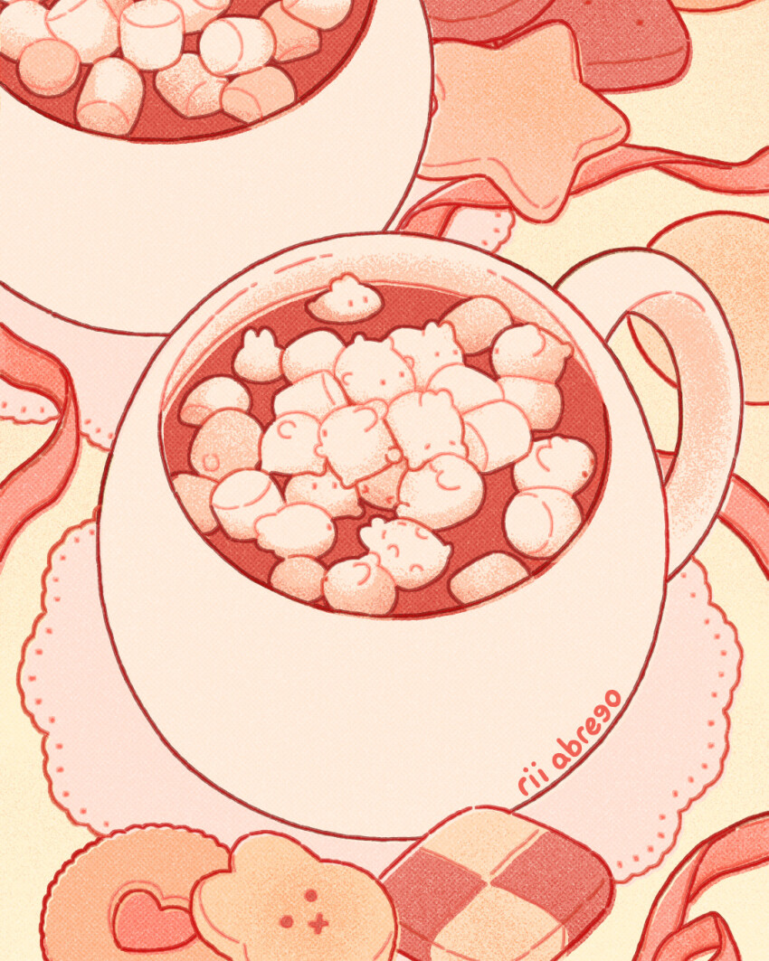 animal animal-themed_food brown_eyes brown_theme coffee_mug commentary cookie cup dessert downscaled drink english_commentary faux_traditional_media food food_focus halftone highres hot_chocolate marshmallow minimized monochrome mug no_humans no_mouth original paid_reward_available rabbit resized rii_abrego saucer signature simple_background solid_circle_eyes sweets undersized_animal white_fur white_rabbit_(animal) yellow_background