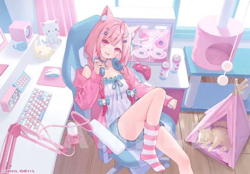 1girl animal_ear_fluff animal_ears cat cat_ears cat_girl fukahire_(ruinon) hair_ornament headphones headphones_around_neck heart heart_hair_ornament indie_virtual_youtuber indoors jacket long_hair long_sleeves on_chair open_mouth pink_hair pink_jacket ribbon shorts sitting smile socks solo striped_clothes striped_socks virtual_youtuber wing_hair_ornament yuuki_sakuna