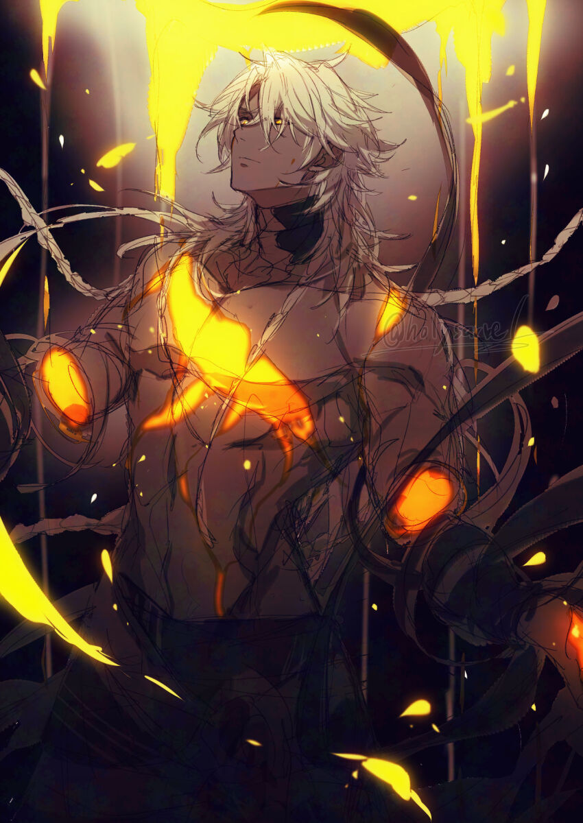 1boy black_pants closed_mouth dark-skinned_male dark_skin gold_blood hashtag-only_commentary highres honkai:_star_rail honkai_(series) liquid_gold male_focus medium_hair merry_(secilhodoshima) nanook_(honkai:_star_rail) pants scar scar_on_chest solo topless_male twitter_username white_hair yellow_eyes