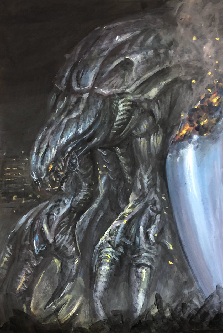 alien city destruction embers fire g.n.a godzilla_(series) godzilla_2000:_millennium highres huge_hands kaiju millennian_ufo night no_humans orga_(godzilla) shoulder_cannon smoke spacecraft toho ufo yellow_eyes