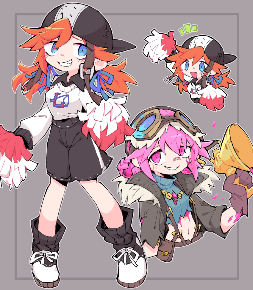 1girl :d arm_up backwards_hat bandaid bandaid_on_face bandaid_on_nose baseball_cap black_headwear black_shirt black_shorts blue_eyes blue_ribbon blue_sweater braid braided_bun cheerleader collared_shirt commentary_request cropped_torso crystal double_bun fang full_body fur-trimmed_jacket fur_trim goggles goggles_on_head grey_background grey_jacket grin hair_bun hair_ribbon hat highres holding holding_megaphone holding_pom_poms identity_v jacket jewelry lily_barriere lily_barriere_(fluorite) long_hair long_sleeves looking_at_viewer low_twintails megaphone moretyauyo multiple_views necklace open_clothes open_jacket open_mouth orange_hair outline pink_eyes pink_hair pom_pom_(cheerleading) pom_poms ribbed_sweater ribbon shirt shoes short_twintails shorts simple_background smile sneakers standing suspenders sweater torn_clothes torn_jacket torn_sweater twintails white_outline white_sweater