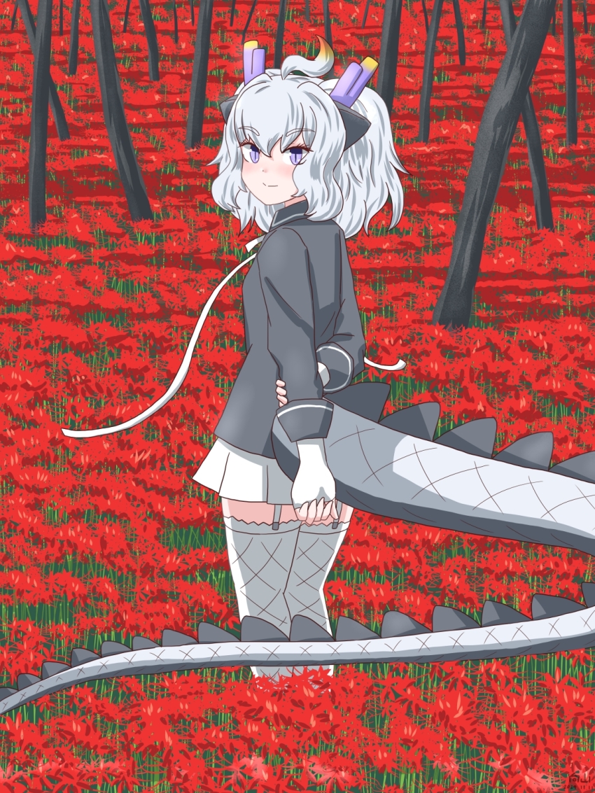 1girl animal_ears arms_behind_back blush bow bowtie collared_shirt dragon_ears dragon_girl dragon_horns dragon_tail elbow_gloves fingerless_gloves fishnet_thighhighs fishnets flower frilled_thighhighs frills garter_straps gloves grey_shirt hair_between_eyes highres horns kemono_friends long_sleeves looking_at_viewer looking_back mukouyama_mu pleated_skirt purple_eyes shirt short_hair short_twintails sidelocks skirt slit_pupils smile solo tail thighhighs tree twintails white_bow white_bowtie white_dragon_(kemono_friends) white_gloves white_hair white_skirt white_thighhighs zettai_ryouiki