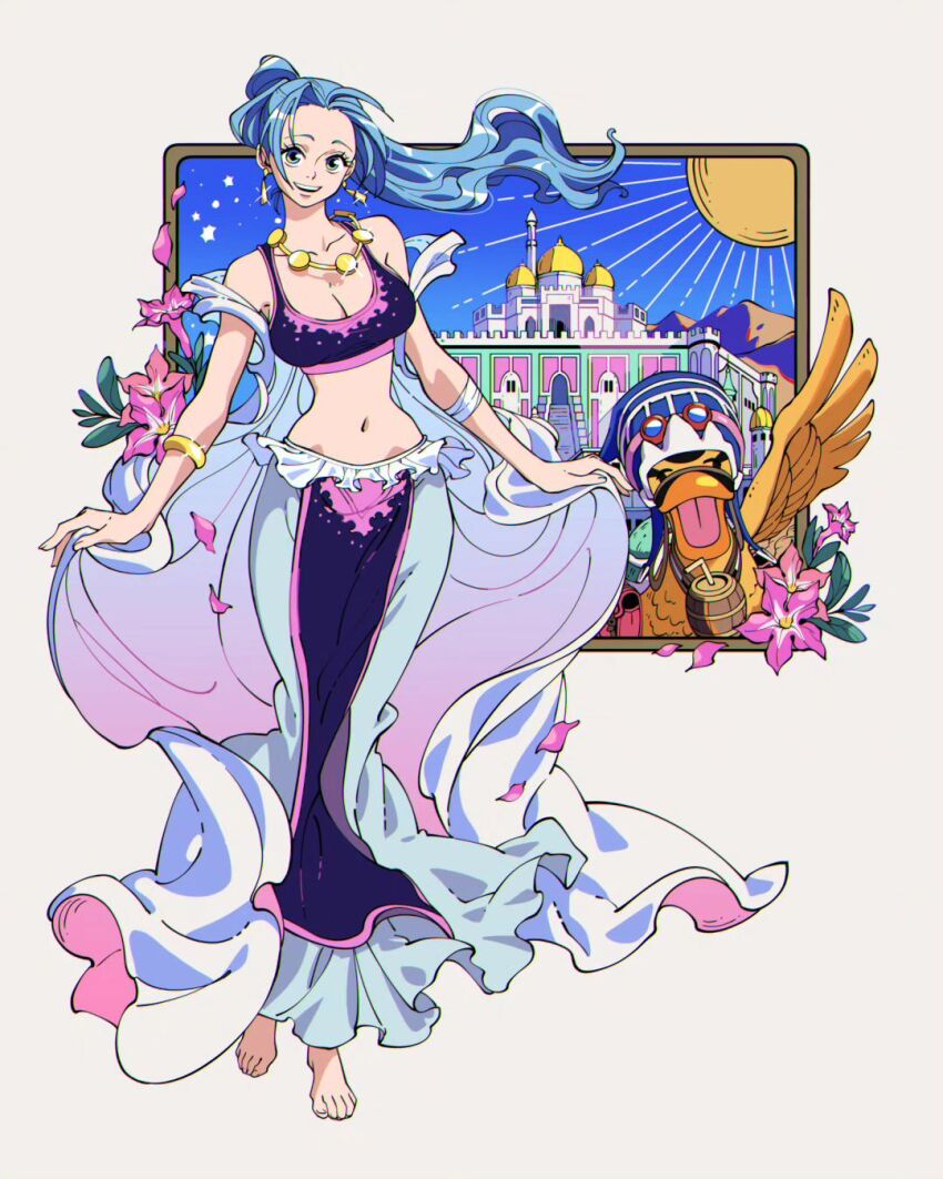 1girl alderion-al bird blue_hair bra bracelet castle commentary_request duck earrings flower full_body glint goggles goggles_on_headwear hat highres jewelry karoo_(one_piece) navel necklace nefertari_vivi one_piece ponytail sidelocks skirt sky solo spanish_commentary sun underwear waving