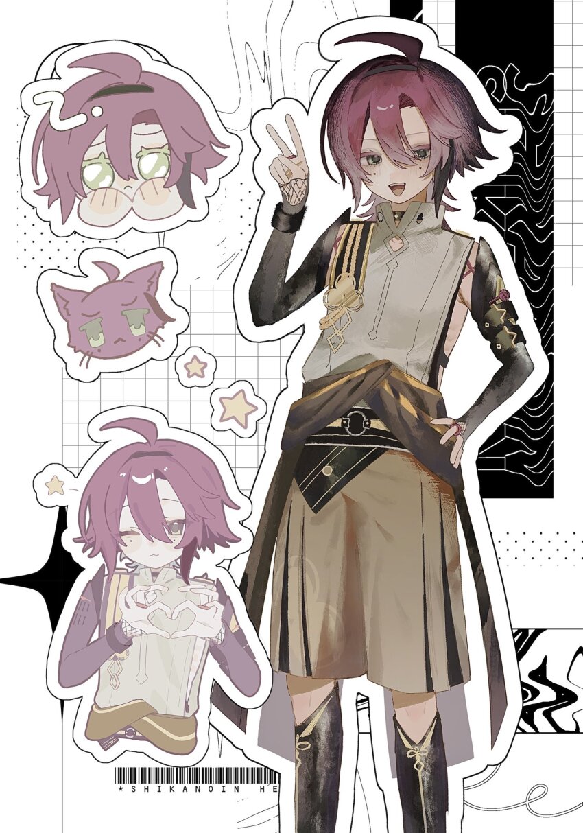 1boy :&lt; armor barcode black_choker black_hair blush cat choker closed_mouth commentary finger_heart genshin_impact green_eyes hand_on_own_hip highres japanese_armor kote kurokote male_focus mogugu_x mole mole_under_eye multicolored_hair multiple_views one_eye_closed open_mouth red_hair shikanoin_heizou simple_background star_(symbol) symbol-only_commentary v