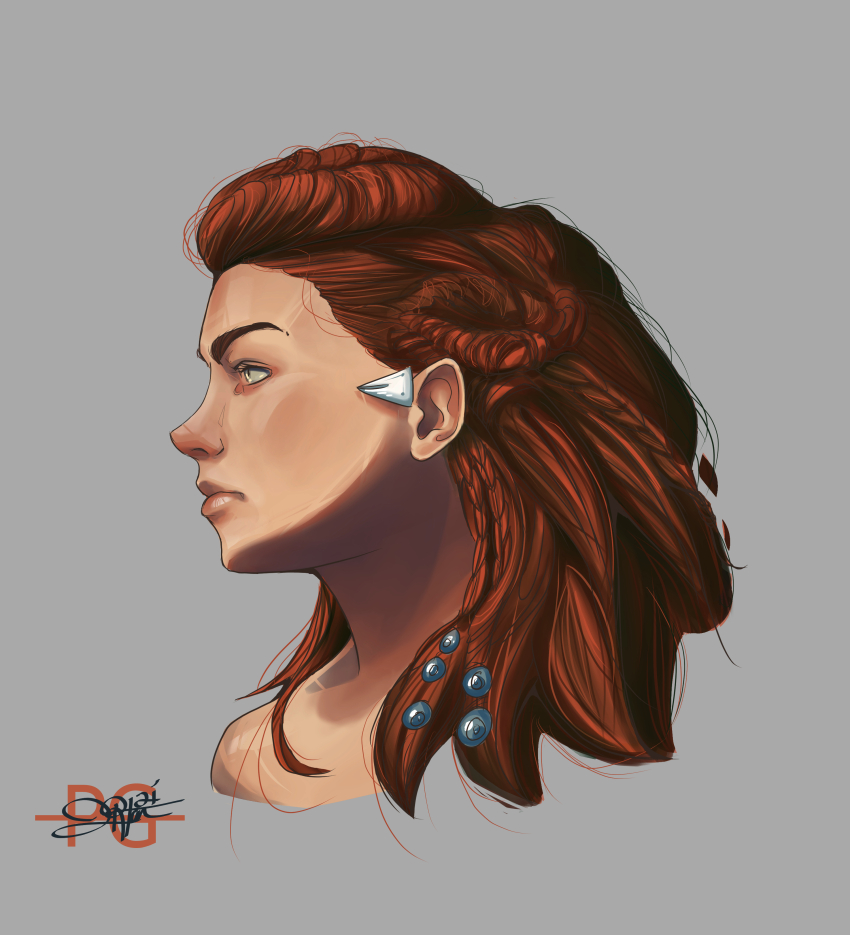 1girl absurdres aloy_(horizon) clip_studio_paint_(medium) commentary english_commentary from_side green_eyes grey_background highres horizon_(video_game) horizon_zero_dawn long_hair orange_hair pgratedslasher portrait signature simple_background solo