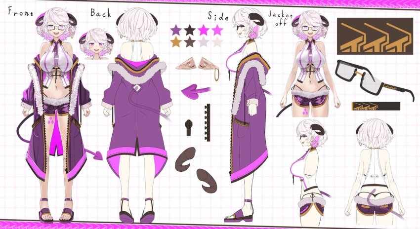 1girl at2. cloudhorizon_studios color_guide colored_inner_hair curled_horns earrings fur-trimmed_jacket fur-trimmed_shorts fur_trim glasses highleg highleg_panties hoop_earrings horns jacket jewelry jiaolian_caren leg_tattoo multicolored_hair multiple_views navel necktie off_shoulder official_art open_mouth panties pink_nails pointy_ears purple_eyes purple_hair purple_jacket purple_shorts reference_sheet second-party_source shirt short_shorts shorts sleeveless sleeveless_shirt tattoo turnaround underwear virtual_youtuber white_hair zipper
