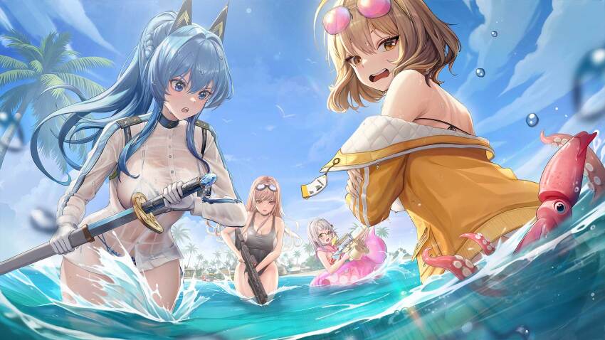 4girls ahoge alternate_costume anis_(nikke) anis_(sparkling_summer)_(nikke) aviator_sunglasses bare_shoulders bikini bikini_skirt bikini_under_clothes black_choker black_one-piece_swimsuit blue_eyes blue_hair blue_sky blush breasts brown_eyes brown_hair choker cleavage competition_swimsuit drawing_sword eyepatch_bikini eyewear_on_head front-tie_bikini_top front-tie_top gloves goddess_of_victory:_nikke goggles goggles_on_head grey_hair gun hair_ornament helm_(aqua_marine)_(nikke) helm_(nikke) high_heels highleg highleg_bikini highres holding holding_gun holding_swim_ring holding_sword holding_weapon innertube jacket large_breasts light_blue_hair long_hair long_sleeves looking_at_viewer looking_back multiple_girls neon_(blue_ocean)_(nikke) neon_(nikke) ocean official_alternate_costume official_art one-piece_swimsuit open_mouth orange_eyes outdoors partially_submerged pink-tinted_eyewear pink_innertube pink_skirt rapi_(classic_vacation)_(nikke) rapi_(nikke) sand see-through_clothes see-through_shirt shirt short_hair side-tie_bikini_bottom sitting skirt sky squid string_bikini sunglasses swim_goggles swim_ring swimsuit sword thigh_strap thighs tinted_eyewear towel two-tone_swimsuit weapon wet white_bikini white_gloves yellow_jacket