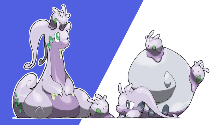 animal_focus blacknirrow closed_mouth commentary creatures_(company) dripping english_commentary game_freak gen_6_pokemon goodra goomy green_eyes grey_eyes highres hisuian_goodra nintendo no_humans on_head outline pokemon pokemon_(creature) pokemon_focus pokemon_on_head shell simple_background slime_(substance) smile two-tone_background white_outline