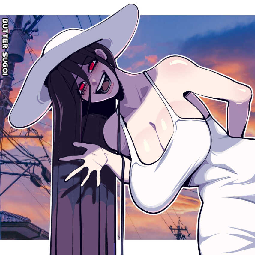 1girl @_@ arm_behind_back artist_name balcony breasts butter_sugoi dress hasshaku-sama hat highres large_breasts long_dress long_hair narrow_waist open_mouth original photo_background red_eyes smile solo very_long_hair waving white_dress white_hat