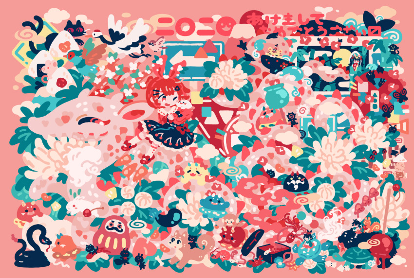 1other 2024 3girls animal apple_rabbit bamboo bird bird_request black_cat black_hair blunt_bangs bone bow bow_hairband bowl braid brown_bird bug butterfly candy_apple capelet carrot cat cherry cherry_print chinese_zodiac clam cloud commentary_request crab creature creature_on_shoulder dango daruma_doll dog dragon dress drooling egasumi eggplant fangs fish flat_color flower food food_art food_print fruit fruit_print gem hair_bow hair_ornament hair_ribbon hairband hairclip hand_to_own_mouth hand_up happy_new_year highres hirabitai insect jellyfish juubako kamaboko kneehighs ladybug long_hair long_sleeves looking_to_the_side mary_janes medium_hair mini_person minigirl monkey moon mountain mouse_(animal) mouth_drool multiple_girls narutomaki nengajou new_year no_entry_sign no_lineart no_stopping_sign nunusayu on_shoulder one_eye_closed oni onigiri open_mouth original pastel_colors peach pearl_(gemstone) pink_background print_dress puffy_long_sleeves puffy_sleeves rabbit rattlesnake red_bow red_capelet red_dress red_eyes red_footwear red_hair red_hairband red_ribbon ribbon ribbon-trimmed_collar ribbon_trim road_sign sanshoku_dango shoes short_hair shrimp sign single_braid sitting sitting_on_animal skewer smile smoke snake socks sparrow squid squirrel tiger tortoise translation_request triangle turtle twintails umeboshi wagashi whale white_bow white_flower white_rabbit_(animal) white_socks wide_sleeves year_of_the_dragon