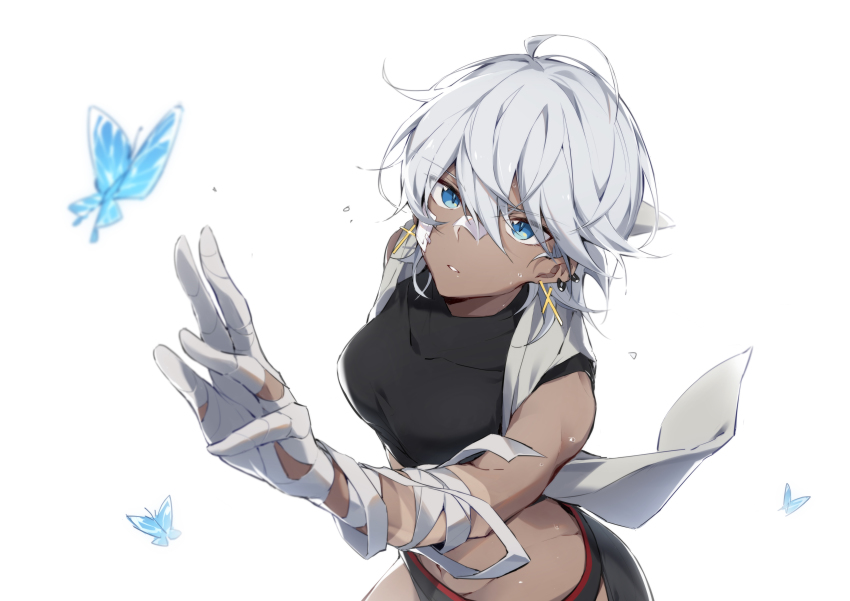 1girl absurdres ahoge bandaged_arm bandages bandaid bandaid_on_face bandaid_on_nose bare_shoulders blue_butterfly blue_eyes bug butterfly cross cross_earrings dark-skinned_female dark_skin earrings eyes_visible_through_hair grey_hair hair_between_eyes highres insect jewelry navel oyo_hitsuji parted_lips short_hair simple_background vocaloid vsinger_(vocaloid) white_background yanhe