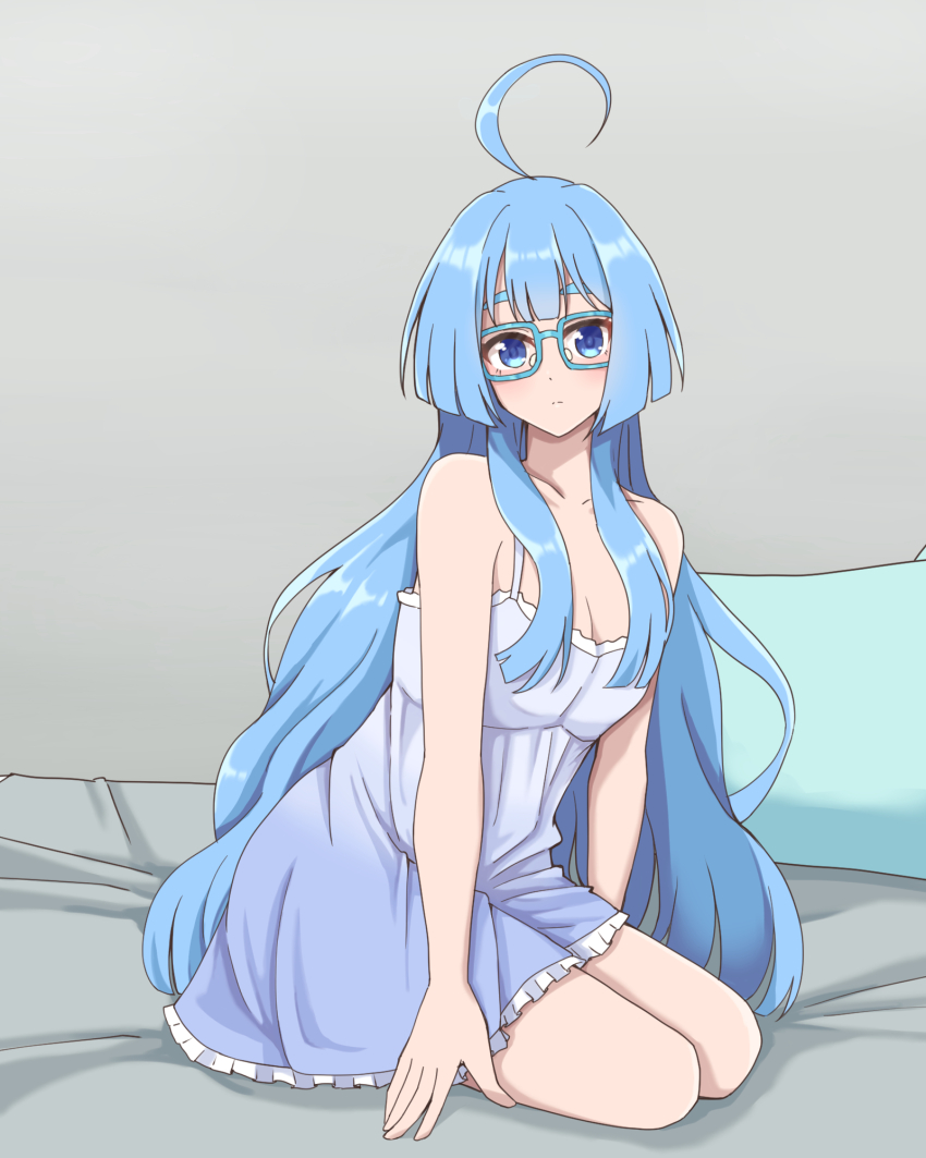 1girl ahoge bare_shoulders bed blue_eyes blue_hair blue_nightgown blunt_bangs breasts closed_mouth glasses grey_background highres kneeling long_hair looking_at_viewer medium_breasts nightgown pillow shiunji-ke_no_kodomotachi shiunji_seiha simple_background thick_eyebrows zyuuyon