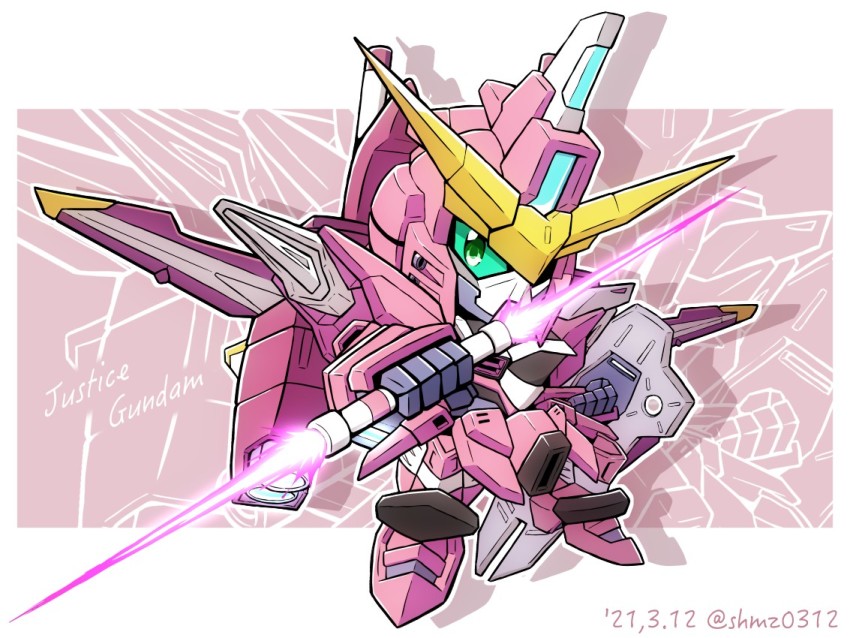 energy_sword character_name chibi clenched_hands dated double_blade floating gundam gundam_seed holding holding_shield holding_weapon justice_gundam mecha mobile_suit robot science_fiction shield shokkaa_(shmz61312) solo twitter_username v-fin weapon zoom_layer