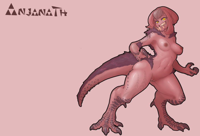 1girl anjanath armpit_crease black_claws black_fur breasts brown_hair clawed_feet clawed_hands colored_skin commentary_request evil_grin evil_smile extra_teeth fangs full_body grin groin_tendon highres korean_commentary looking_at_viewer looking_down medium_breasts monster_girl monster_hunter:_world monster_hunter_(series) muhut multicolored_hair navel nipples personification pink_background pink_skin pussy red_hair reptile_girl slit_pupils smile solo standing stomach two-tone_hair wide_hips yellow_eyes