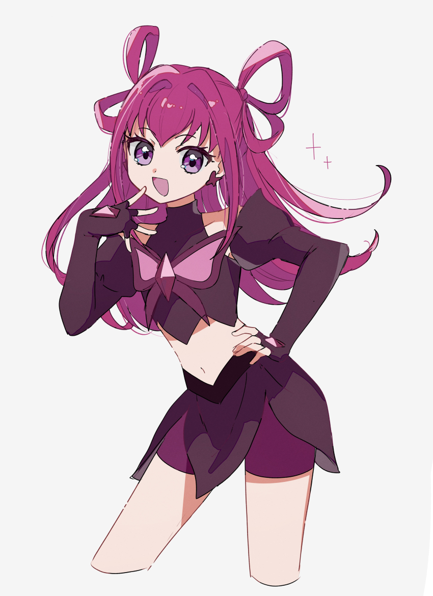 1girl :d absurdres bike_shorts butterfly_brooch butterfly_earrings crystal dark_cure_(yes!_precure_5) dark_dream earrings fingerless_gloves gloves hair_rings hand_on_own_face hand_on_own_hip highres jewelry kamogawa140 long_hair midriff navel open_mouth pink_hair precure purple_eyes smile yes!_precure_5