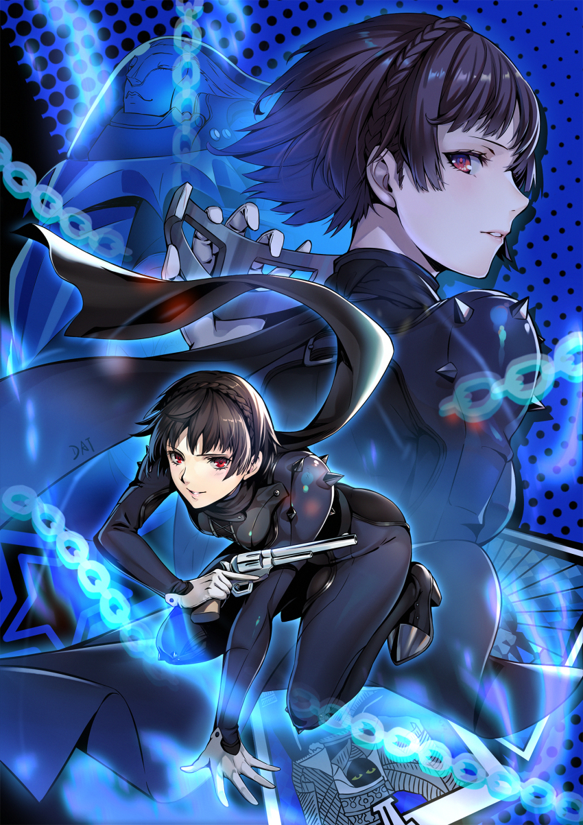 1girl arm_support black_scarf blue_bodysuit blunt_bangs bodysuit braid brown_hair chain commentary crown_braid da-cart english_commentary floating_scarf full_body gloves grey_mask gun hand_on_ground handgun high_heels highres holding holding_gun holding_weapon joanna_(persona_5) knee_spikes kneeling light_blush long_scarf long_sleeves looking_at_viewer mask multiple_views niijima_makoto parted_lips persona persona_5 queen_(persona_5) red_eyes scarf short_hair shoulder_spikes smile spikes steel_mask upper_body watermark weapon white_gloves