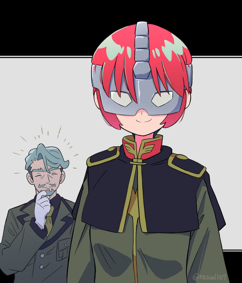 1boy 1girl amate_yuzuriha challia_bull char_aznable disguise facial_hair gloves green_shirt gundam gundam_gquuuuuux hand_on_own_chin highres long_sleeves mask military_uniform necktie rascal_(feuille) red_hair shirt smile stroking_own_chin white_gloves zeon