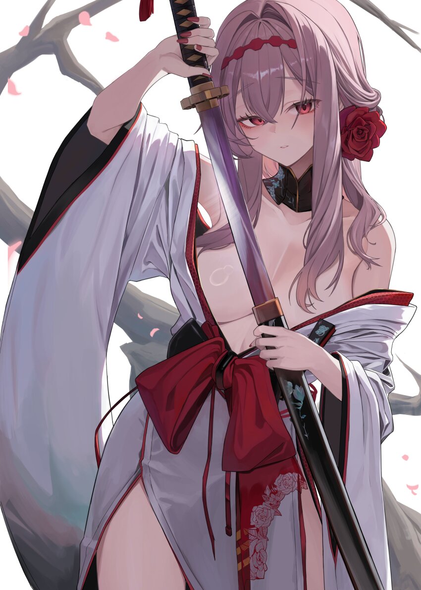 1girl absurdres andamiro breasts cleavage flower goddess_of_victory:_nikke grey_hair hair_flower hair_ornament highres holding holding_sheath holding_sword holding_weapon japanese_clothes katana kimono large_breasts long_hair off_shoulder official_alternate_costume parted_lips red_eyes red_flower red_rose rose scabbard scarlet_(black_shadow)_(longing_flower)_(nikke) scarlet_(black_shadow)_(nikke) scarlet_(nikke) sheath solo sword weapon white_kimono