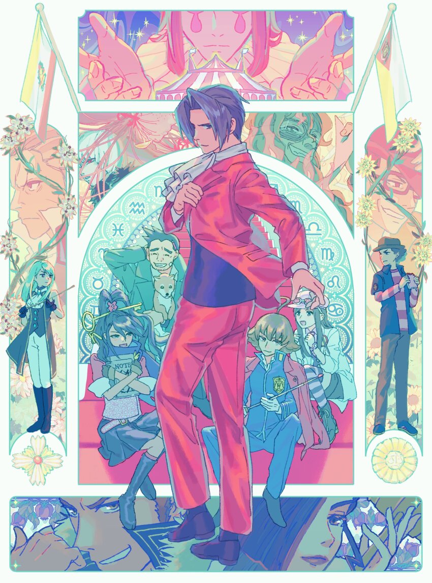 5girls 6+boys absurdres ace_attorney ace_attorney_investigations ace_attorney_investigations:_miles_edgeworth ace_attorney_investigations_2:_prosecutor&#039;s_gambit ahoge animal ascot badge bandaid bandaid_on_face black_footwear black_vest blue_hair blue_jacket blue_pants blue_scarf blue_skirt boots brown_gloves brown_hair brown_pants brown_shorts circus_tent closed_eyes coat conductor_baton dick_gumshoe dog eddie_fender ema_skye eustace_winner excelcius_winner facepaint feather_boa fedora fire flag flower_request franziska_von_karma gavel glasses gloves goggles green_eyes gregory_edgeworth grey_hair grin hair_over_one_eye hat high_ponytail highres holding holding_animal holding_baton holding_dog holding_notepad holding_paper jacket jacket_on_shoulders kay_faraday lab_coat lips long_hair male_focus manfred_von_karma medium_hair miles_edgeworth missile_(ace_attorney) multiple_boys multiple_girls newsboy_cap notepad old old_man open_clothes open_coat open_jacket oshaberi_usagi pants paper pencil_behind_ear pink_hat pink_shirt pink_vest ponytail red_eyes red_jacket red_pants sarushiro_souta scarf school_uniform shi-long_lang shih-na shirt short_hair shorts skirt sleeveless sleeveless_coat smile striped_clothes striped_shirt striped_thighhighs teeth themis_legal_academy_school_uniform thighhighs verity_gavelle vest watch white_ascot white_coat white_gloves white_hair white_pants wristwatch zodiac